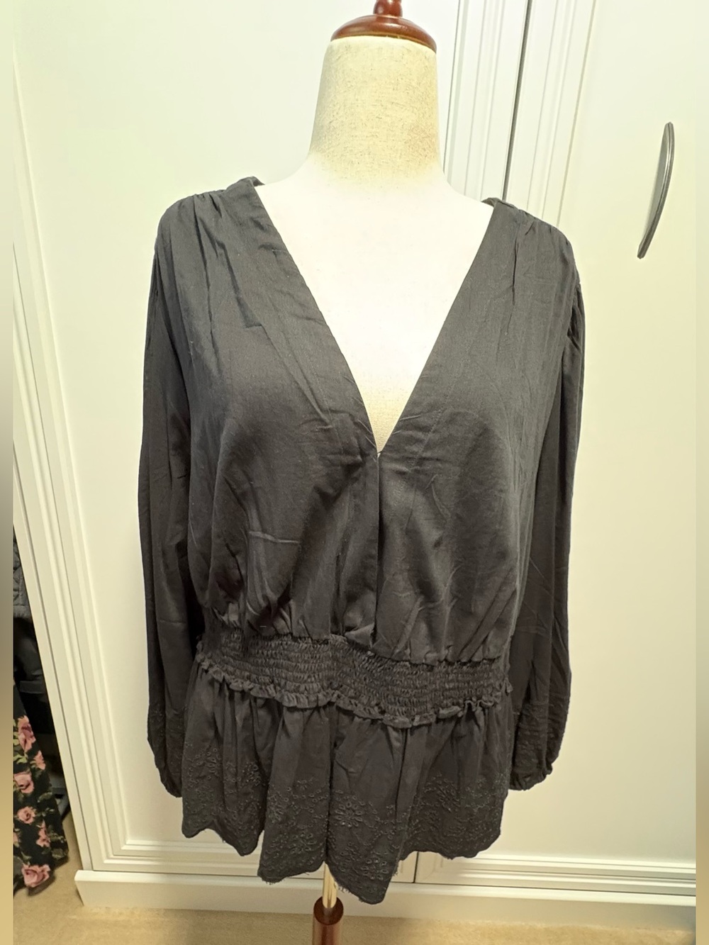 Old Navy Black V-Neck Smocked Waist Peplum Blouse